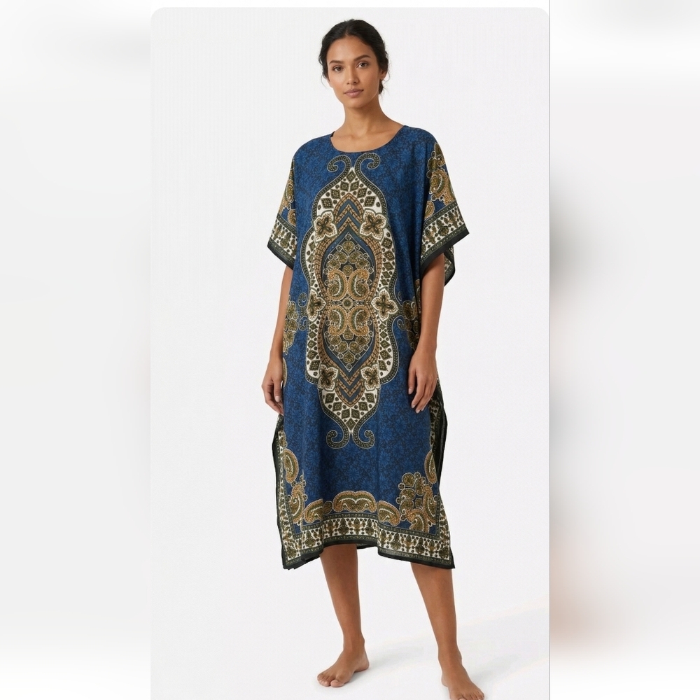 Gold Coast Kaftan Dress Blue Boho Festival Lounge Maxi OSFA